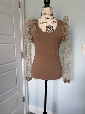 eesome Brown Ribbed Tank with Sheer Polka Dot Ruffled Sleeves